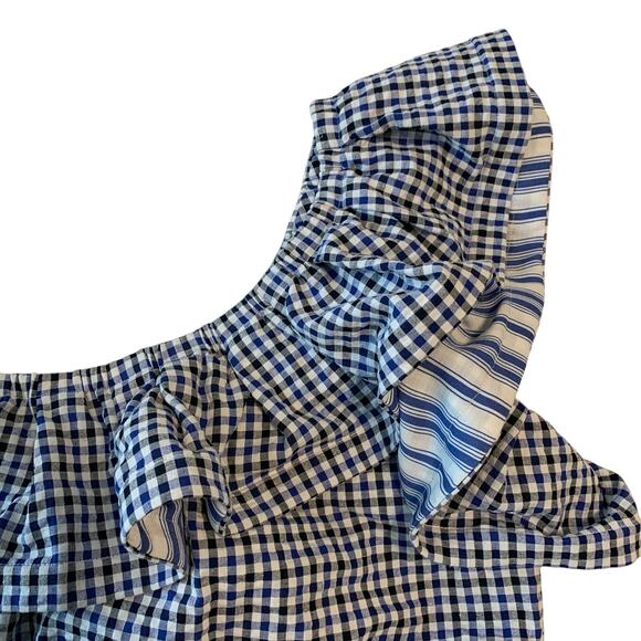 MISA Los Angeles Blue and White Gingham One Shoulder Top - Picture 2 of 6